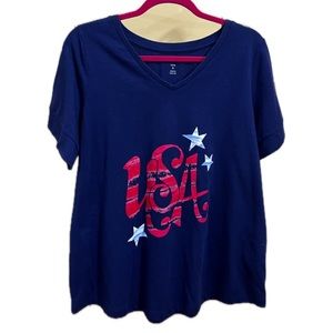 Woman Within Patriotic T-Shirt Navy Blue USA Stamped Relaxing Weekend